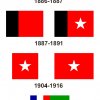 04 - Vývoj vlajky Nezávislé Guayany: 1886–1887 Republika nezávislé Guayany (Jules Gros), 1887–1891 2. Republika nezávislé Guayany (Jules Gros) první (vlevo) a definitivní varianta, 1904–1916 Svobodný stát Counani (Adolphe Brezet) původní (vlevo) a „v